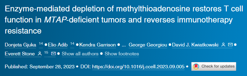 酶介導(dǎo)的甲硫腺苷耗竭可恢復(fù)MTAP缺陷腫瘤的T細胞功能并逆轉(zhuǎn)免疫療法耐藥性