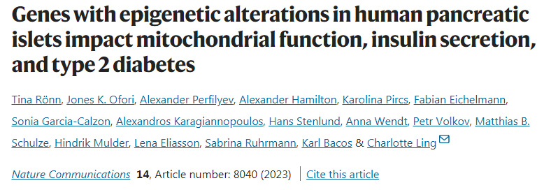 人類胰島表觀遺傳學(xué)改變的基因影響線粒體功能、胰島素分泌和2型糖尿病